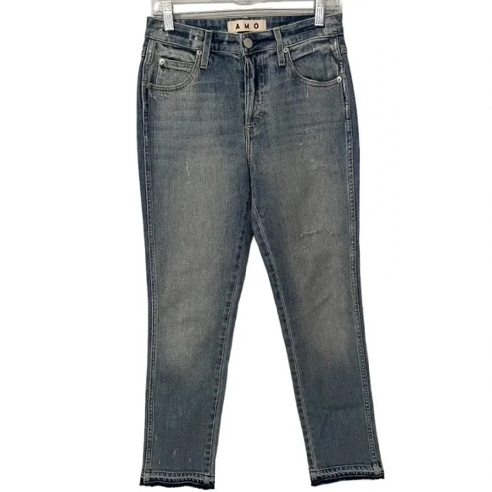AMO Babe Sweet Cheeks Jeans Women’s Size 27 Blue Raw Hem Button Fly Ankle Denim